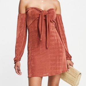 ASOS DESIGN slinky tie front bardot mini dress in rust